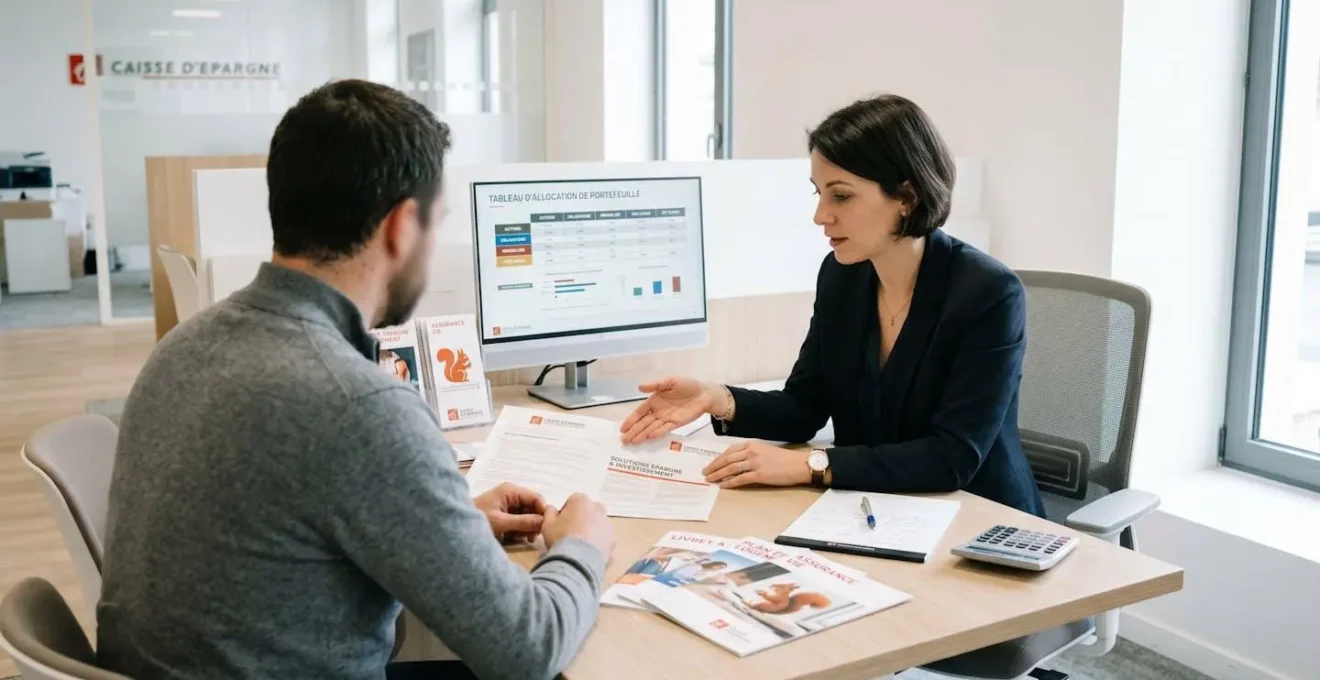 Conseiller bancaire dans une agence française moderne discutant avec un client devant des documents Caisse d'Epargne sur produits d'épargne et un écran affichant un tableau d'allocation patrimoniale, lumière naturelle douce