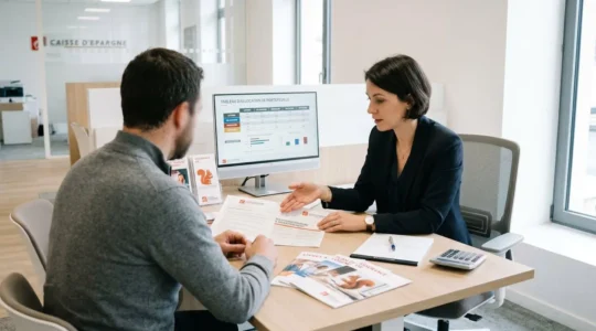 Conseiller bancaire dans une agence française moderne discutant avec un client devant des documents Caisse d'Epargne sur produits d'épargne et un écran affichant un tableau d'allocation patrimoniale, lumière naturelle douce