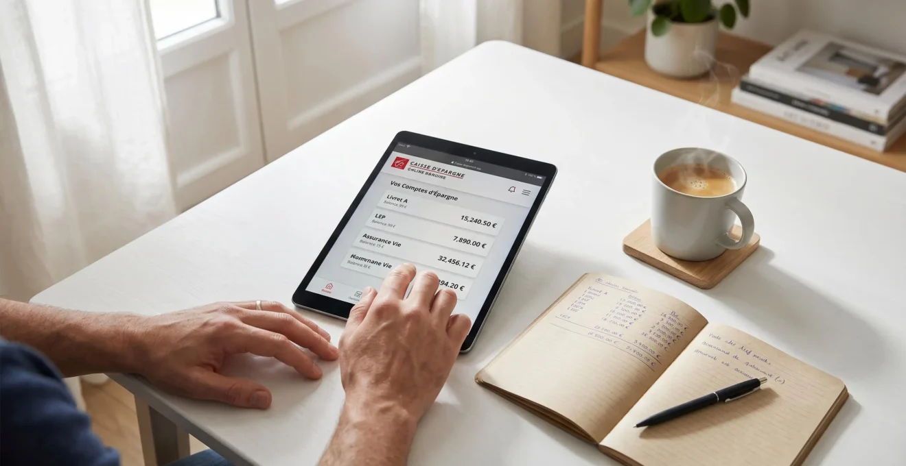 Mains d'une personne consultant l'interface bancaire en ligne Caisse d'Epargne sur tablette affichant les soldes de plusieurs produits d'épargne, avec carnet de notes et café sur table blanche dans intérieur moderne lumineux