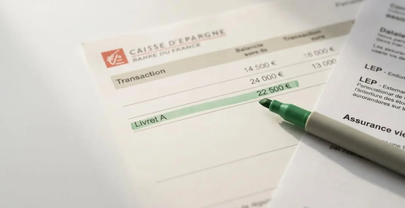 Relevé bancaire Caisse d'Epargne français montrant un Livret A avec un solde de 22 500 euros proche du plafond réglementaire, avec stylo surligneur ayant marqué la ligne, sur surface blanche neutre
