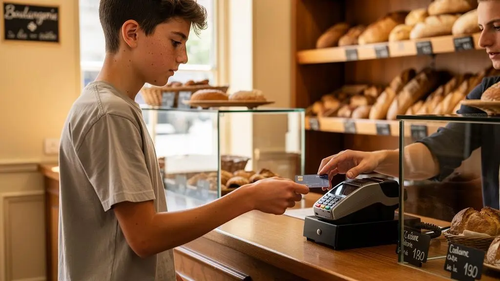 Adolescent effectuant un paiement par carte bancaire dans une boulangerie française