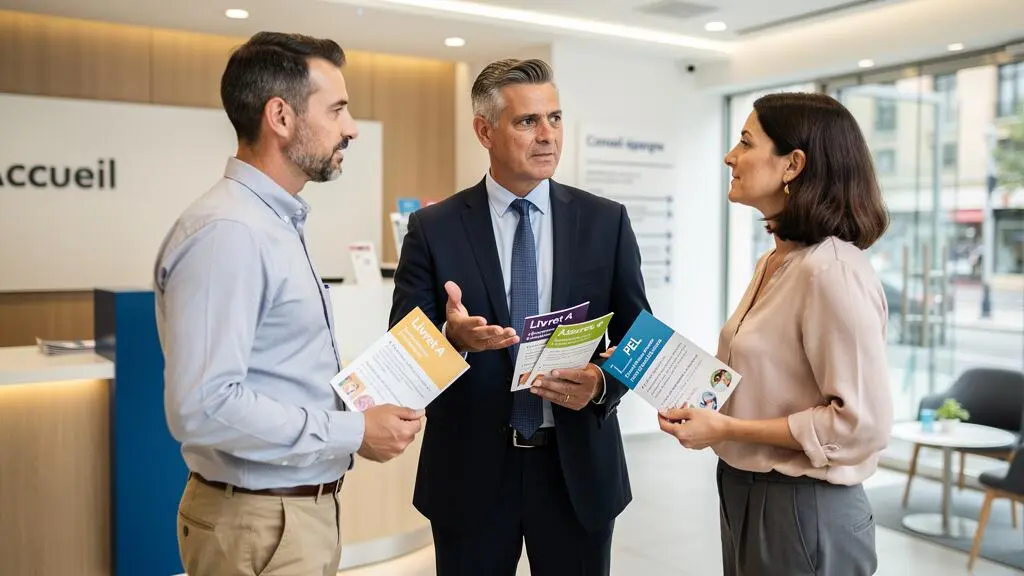 Conseiller bancaire debout présentant des brochures de produits d'épargne à un couple dans l'espace accueil d'une agence bancaire.