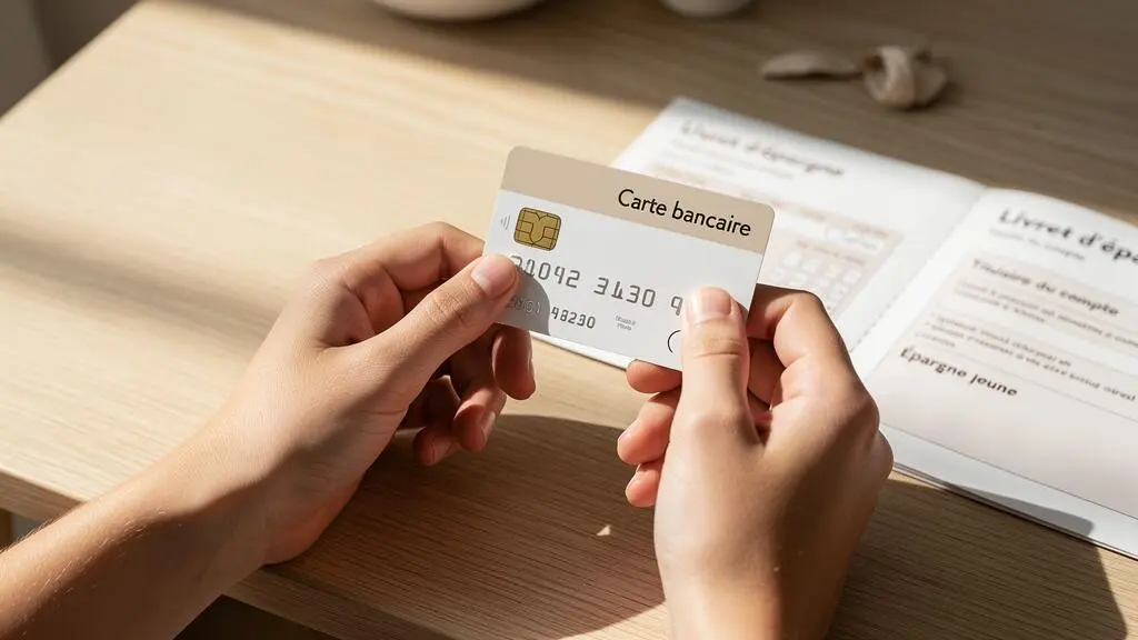 Mains d'adolescent tenant une carte bancaire jeune avec livret d'épargne sur une table