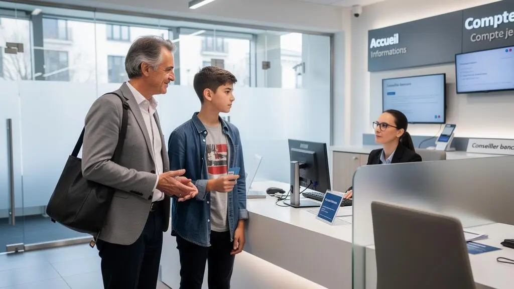 Parent et jeune adolescent consultant avec un conseiller dans une agence bancaire française