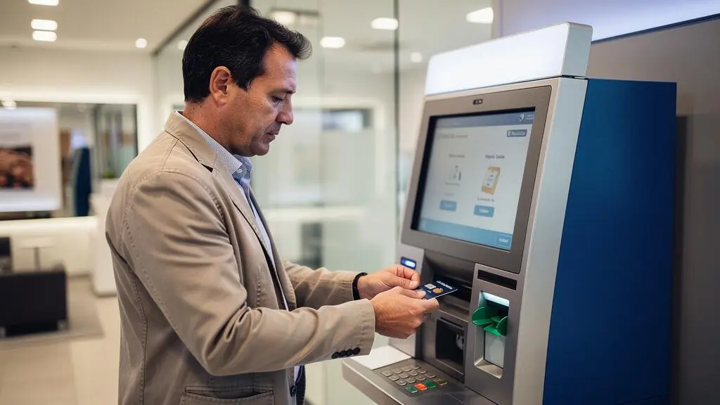 Homme effectuant un versement à une borne automatique dans une agence bancaire française.